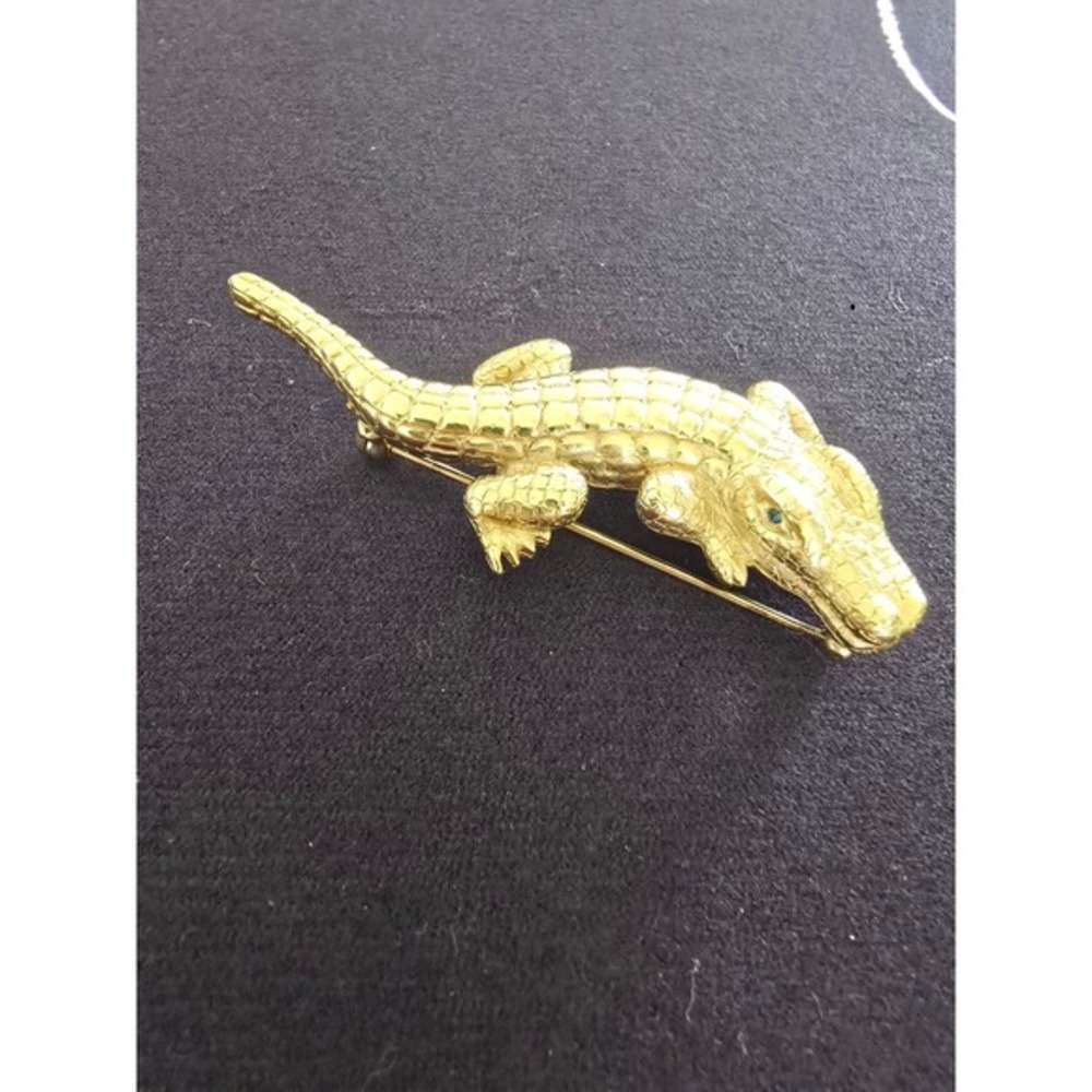 Carolee Vintage Gold Tone Alligator‎ Brooch Green Eye Reptile Figural Pin